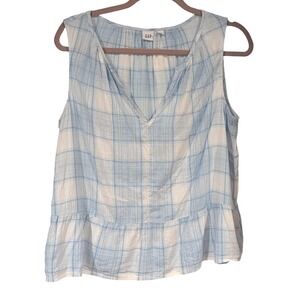 GAP Plaid Peplum Tank Top Sz S Blue White Sleeveless Split Neck Cottagecore Boho